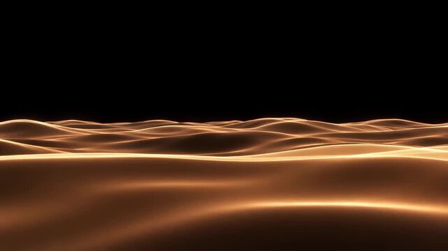 Glowing golden waves undulate across an abstract landscape against a black void
