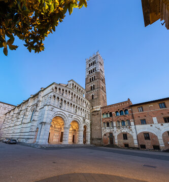 Lucca  - The Duomo - cathedral -  Cattedralie di San Martino and square Piazza San Martino at dusk.