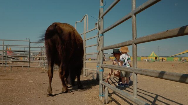 A woman and her child sit by a bison pen at the zoo. They are feeding the bison vegetables. Other visitors enjoy the area on a sunny day.