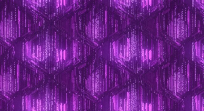 Abstract digital background, with repeating hexagonal, patterns and glowing, purple vertical data, stream lines