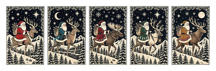 Obraz premium PNG Vintage Christmas deer illustrations in magical snowy forest scenes