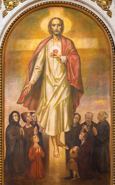 Bergamo -  The painting of Heat of Jesus in the church Chiesa di Sant Andrea della Colonna by Trento Longaretti (1959).