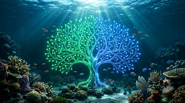 A glowing tree with green and blue lights stands inside a vibrant deep ocean environment