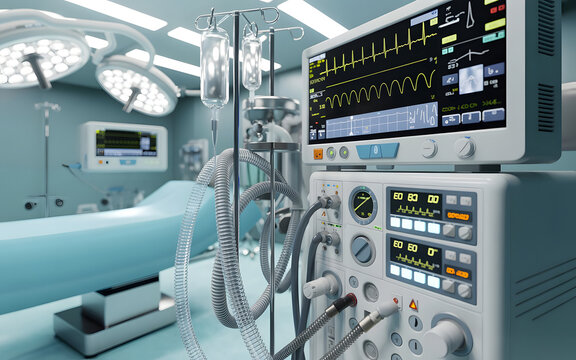 Macro Close-Up of Advanced Surgical Equipment in Modern Operating Room with ECG Monitor, Anesthesia Machine, Digital Displays, Stainless Steel Instruments and Sterile Blue Surgical Table