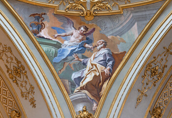 Obraz premium Bergamo - The fresco of Calling of prophet Isaiah - angel touches his lips with coal (cupola) in Douomo - Cattedrale di Sant Alessandro by Francesco Coghetti (1802 – 1875)