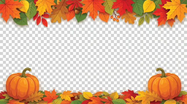 Autumn leaves frame vector background, thanksgiving pumpkin banner border, colorful seasonal foliage header, harvest template for design