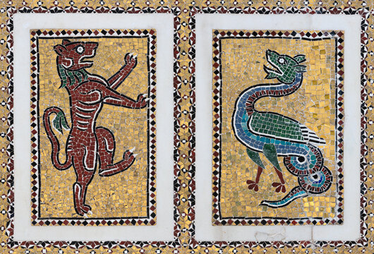 Ravello -  The detail of medieval mosaic from pulpit (dragon, lion) - Ambone del Vangelo in the Cathedral by Nicola di Bartolomeo da Foggia (1272)