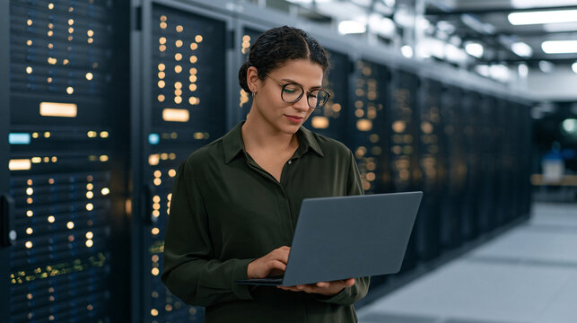 Female engineer inspecting hardware and software in a server room while brainstorming data backup solutions, cybersecurity infrastructure concept, with copy space
