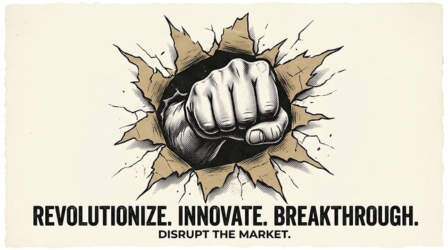 Powerful fist breaking through a wall symbolizing business innovation, revolution, and market disruption concept illustration