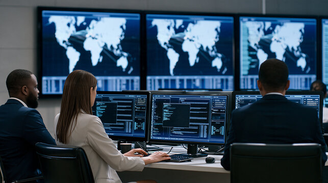 Cybersecurity incident response team analyzing a live threat inside a security operations center, network defense concept, with copy space