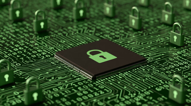 Digital illustration featuring an integrated circuit alongside virtual padlocks, internet piracy and cybersecurity protection concept, with copy space