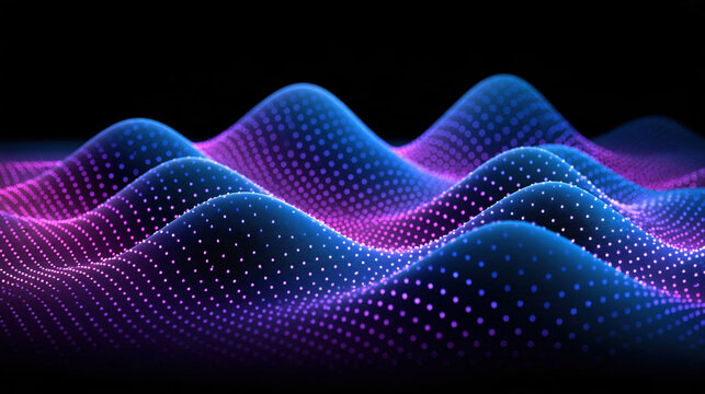 Abstract quantum field abstract wave dotted surface glowing particle blue wave purple wave digital background futuristic landscape depth field neon light motion curve mesh grid point cloud data