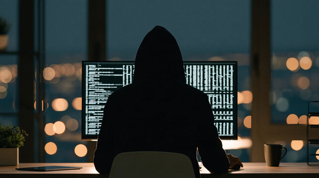 Hacker coding intensely at night, dramatic cybersecurity threat concept, with copy space