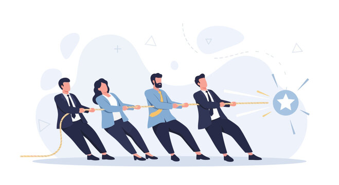 Diverse business team pulling rope towards a star, symbolizing teamwork, competition, and achievement