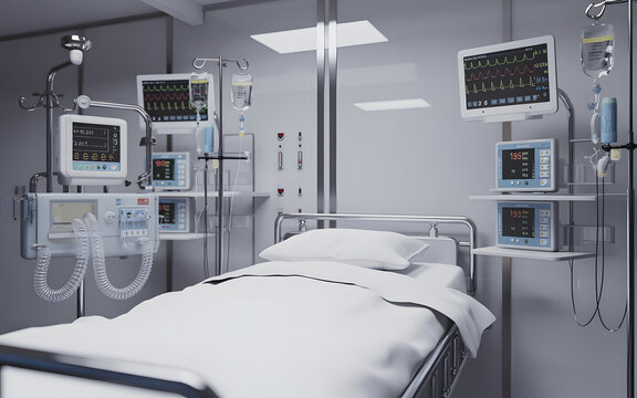 Photorealistic Modern Intensive Care Unit Room with Central Patient Bed, Ventilator, Heart Monitors, IV Stands, Infusion Pumps, Digital Displays, Stainless Steel Equipment and Sterile Clinical Interio