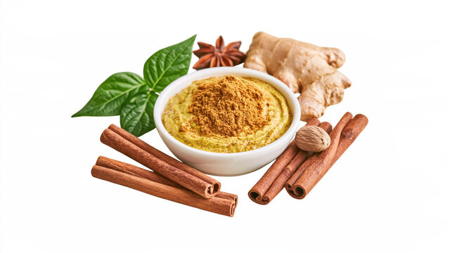 Golden milk bowl with cinnamon ginger spice on white background