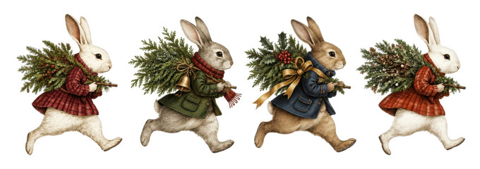 Obraz premium PNG Vintage Christmas rabbit parade carrying festive evergreen wreaths