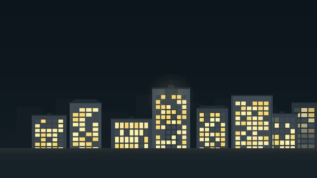 Premium commercial microstock motion graphic featuring a modern nighttime urban skyline with warm glowing window cascades. Clean vector architecture, layered depth, and deterministic 8-second seamless