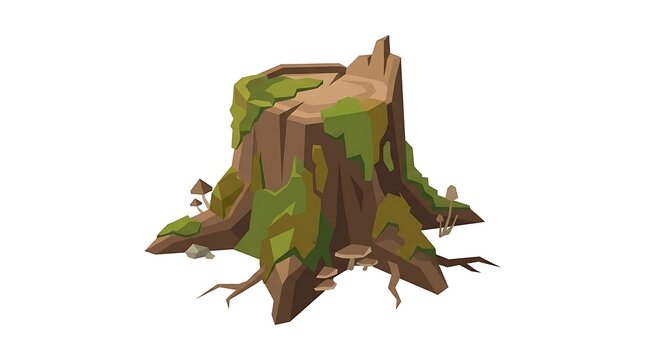 Stylized old tree stump with moss and mushrooms.