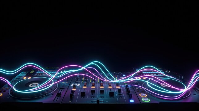DJ Controller with Glowing Neon Soundwaves on Dark Background