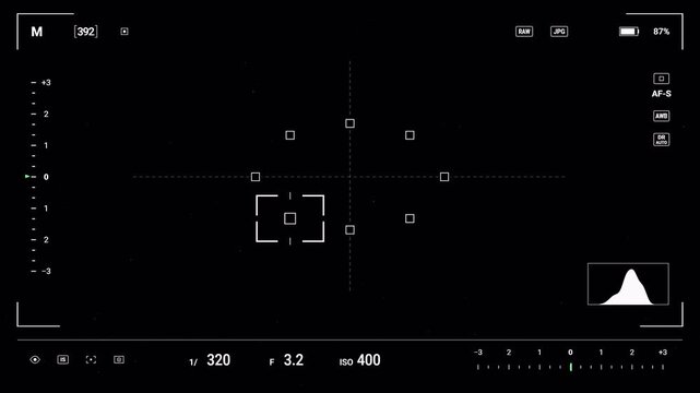 Realistic Digital Camera Viewfinder HUD Overlay with Focus Points, Exposure Scale, Autofocus Lock, Shutter Release and Histogram Indicator On Transparent Background. 4K
