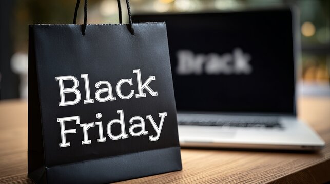 Black Friday shopping paper bag standing upright on wooden table with a blurred laptop display behind it