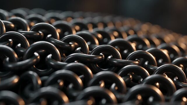 Interlocked metal chain links form a dense pattern in a dimly lit closeup