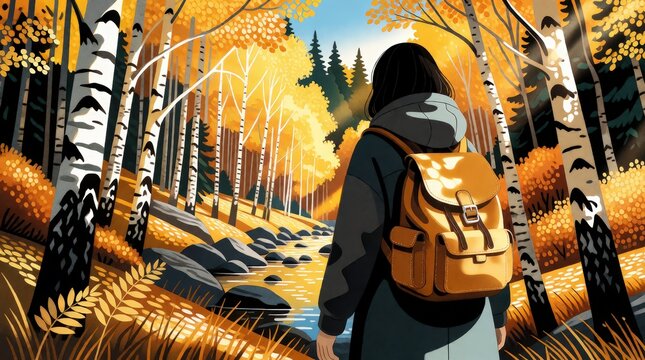 Young woman with backpack hiking through a golden autumn forest with a river and natural light