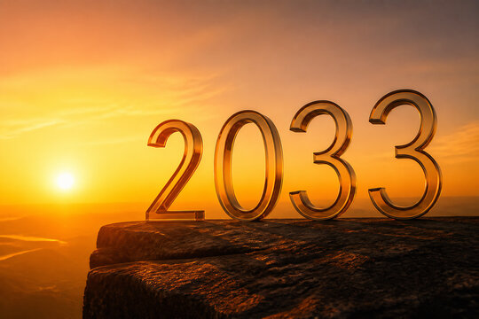 The number 2033 is displayed on a rock formation against a vibrant sunrise sky.