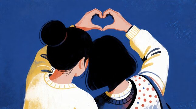 Valentine Day illustration of two women making a heart shape with hands against a blue background