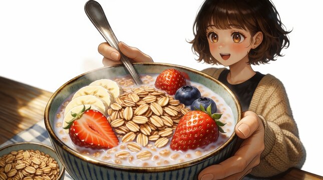 Anime girl eating a bowl of oatmeal with fresh strawberries and bananas for a healthy breakfast