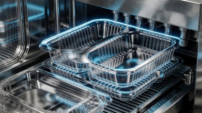 Empty plastic food containers moving through an automated industrial packaging machine line