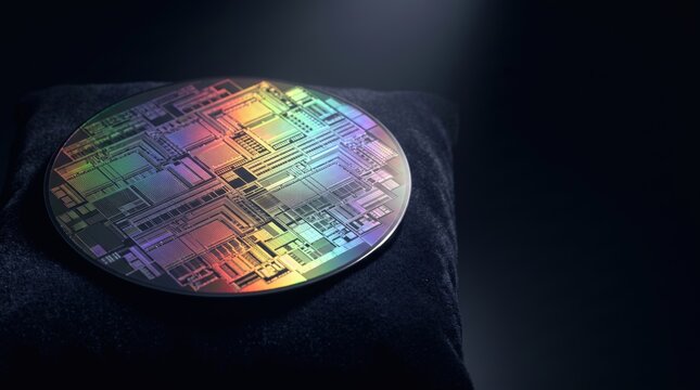 Silicon Semiconductor Wafer with Reflective Microchip Circuit