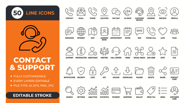 Contact and support line icon collection featuring customer service, helpdesk, communication, assistance, feedback, troubleshooting, user support.