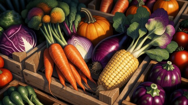 Fresh organic vegetables in wooden crates for harvest festival market display with copy space