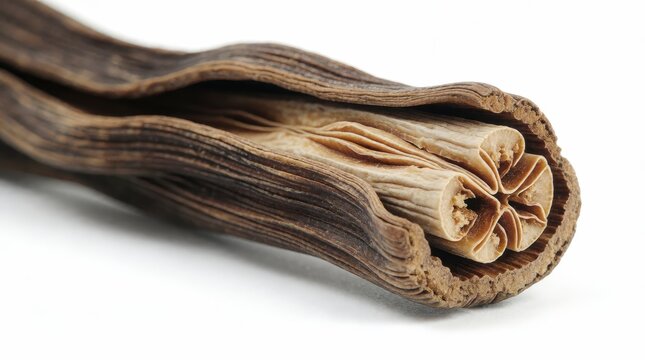 Dried vanilla bean pod macro shot isolated on white background with copy space