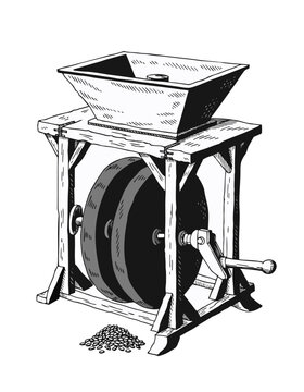 Vintage Hand Operated Grain Mill with Millstones Hopper and Wheat Engraving Vector