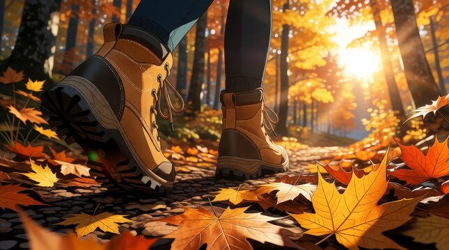 Person wearing hiking boots walking on a path covered with fallen autumn leaves in a sunny forest