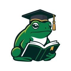 Obraz premium Frog Wearing Graduation Cap Reading Book Illustration