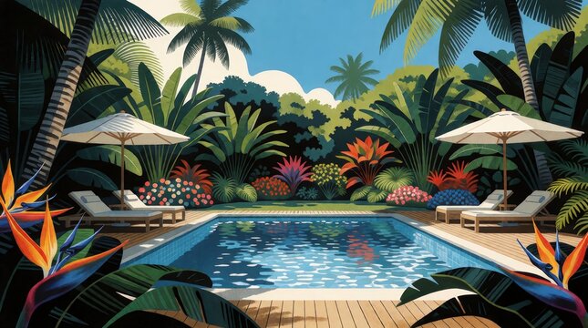 Tropical swimming pool with lounge chairs and lush exotic plants under bright summer sunlight