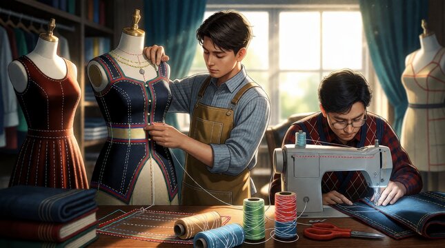 Young fashion designers working on clothing patterns in a professional tailor studio with copy space
