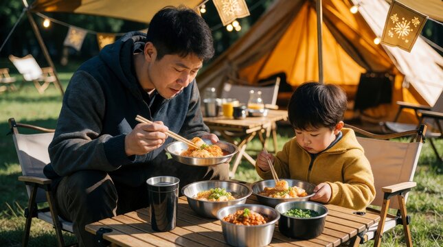 Asian father and son eating noodles with chopsticks at a campsite with a tent in the background