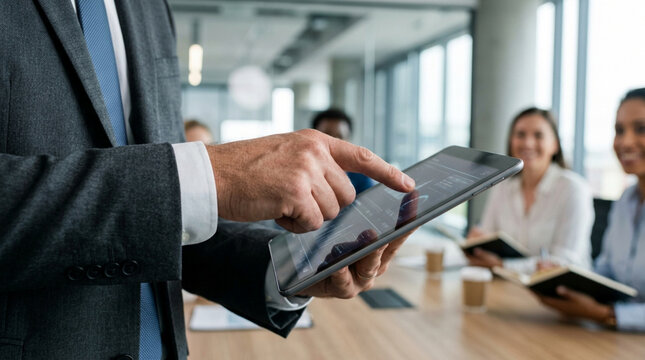 Businessman using tablet during business meeting with colleagues