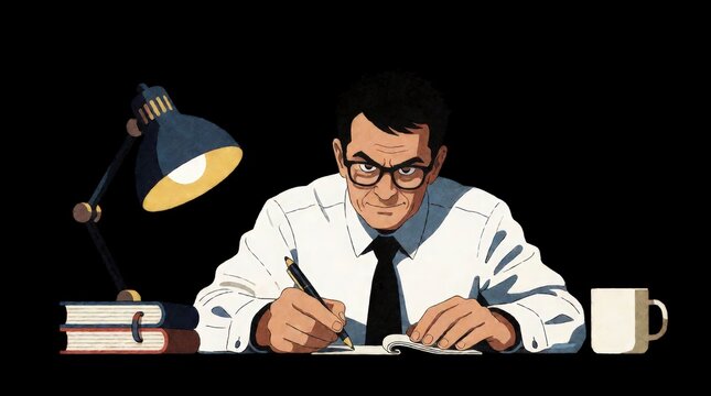 Middle aged businessman writing in a notebook at a desk with a lamp isolated on black background