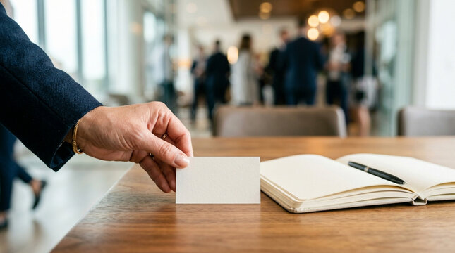 Businessperson hand placing blank business card on wooden table with notebook