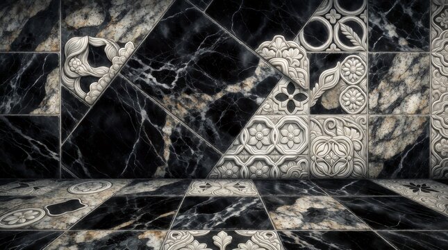 Luxury black marble wall and floor tiles with ornate decorative floral relief patterns