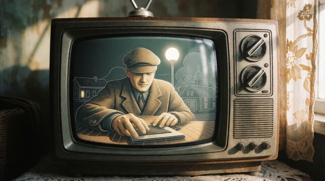 Vintage television displaying a man in a cap typing on a laptop in a retro room setting