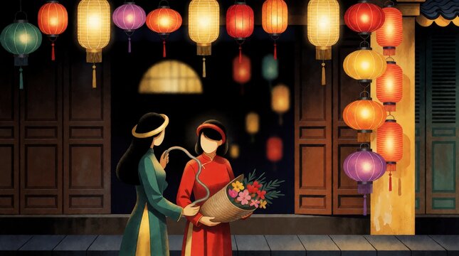 Vietnamese women in traditional ao dai holding flowers under glowing lanterns for Tet celebration