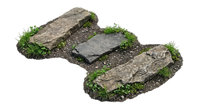 Isolated stone pathway with green grass and soil on white background for landscape design transparent background