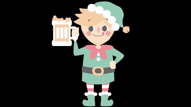 merry christmas and happy new year with cute little elf dwarf and beer alcohol, overlay transparent prores 4444 4K